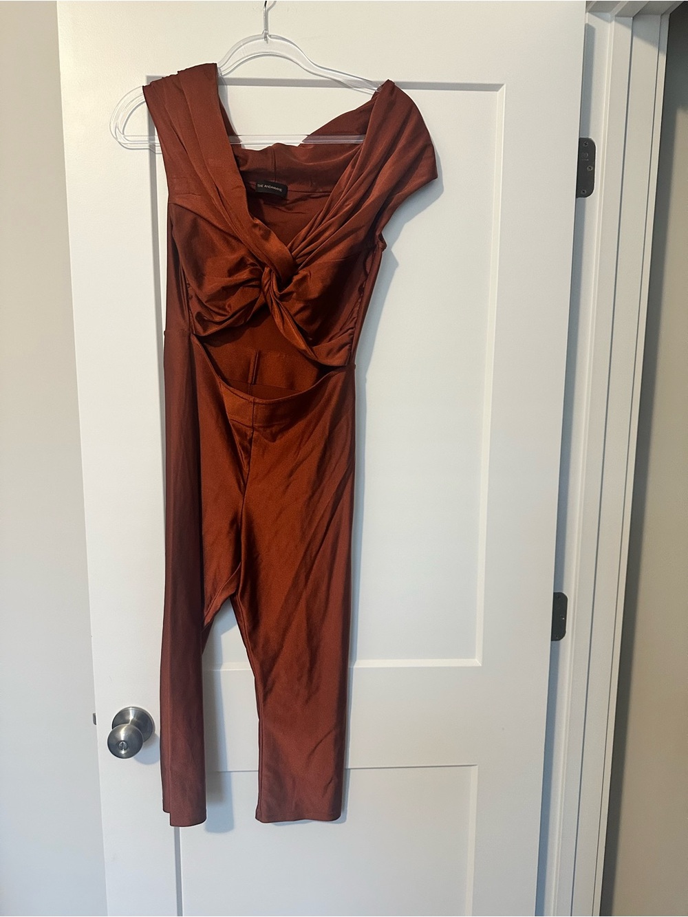 The Andamane Rust Satin Twist Front Jumpsuit